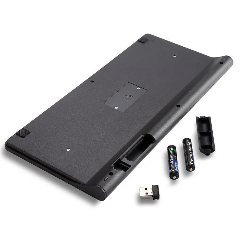 Wireless black keyboard and mouse set with 4G connectivity on wooden desk