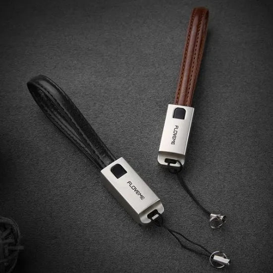 Leather and zinc alloy Lightning charging cable in red colour showing 20cm length with Lightning connector