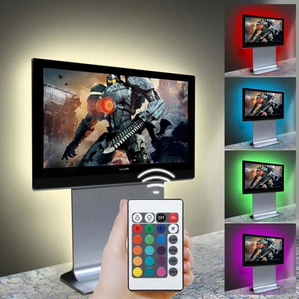 USB-powered flexible LED light strip showing multiple colour options including white, blue, and red illumination