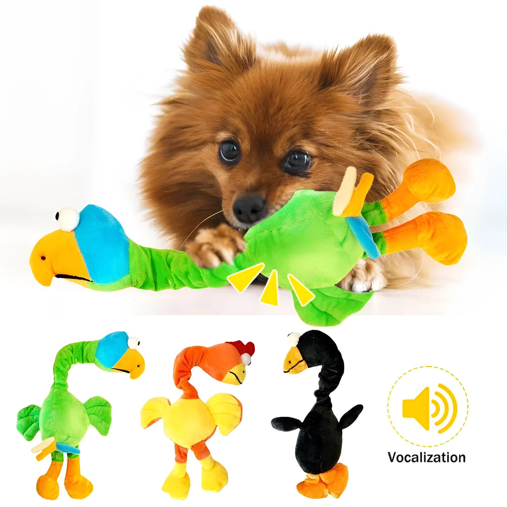 Black screaming chicken sound dog toy with bite-resistant chew texture next to green and orange versions.