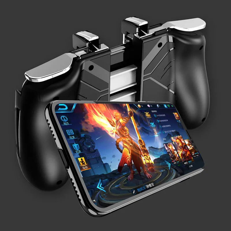 Black Bluetooth mobile game handle with telescopic arms extended, holding a smartphone