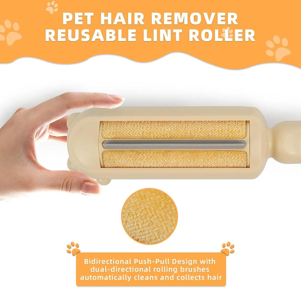 Blue reusable pet hair remover tool with self-cleaning base for furniture and cars