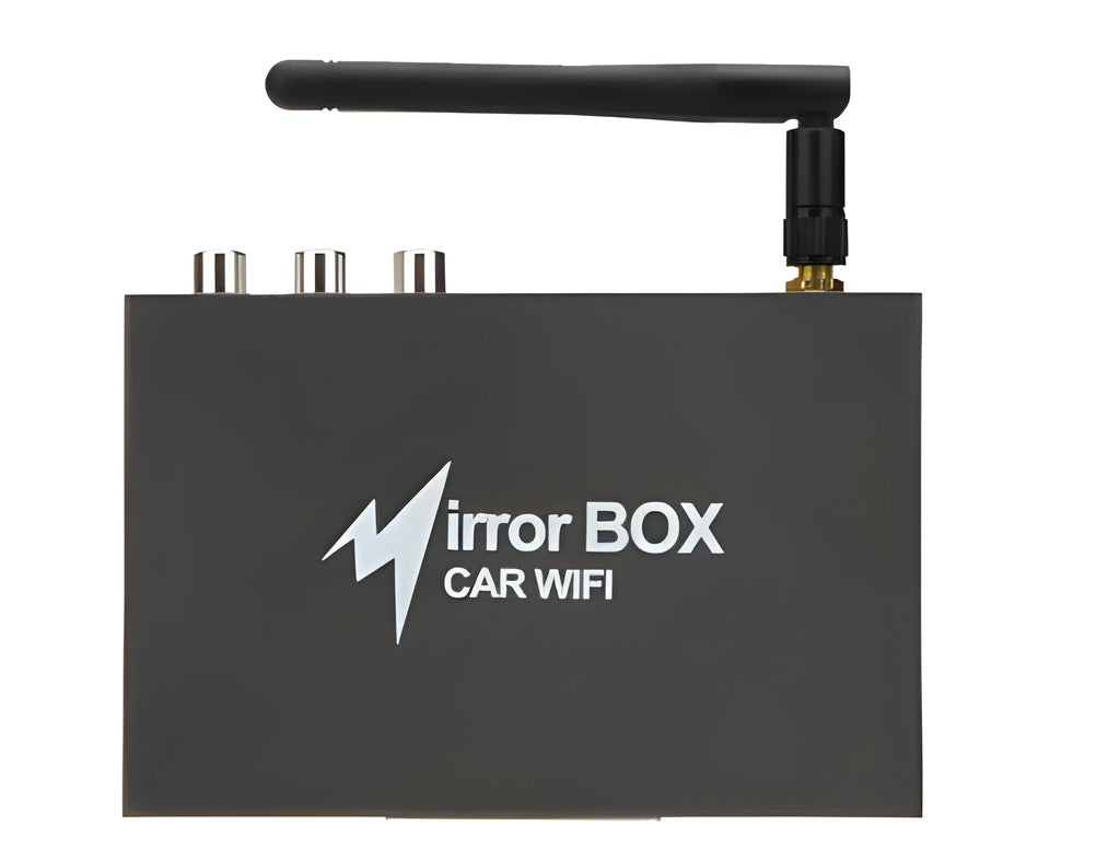 Black car Wi-Fi mirror link box converter unit with power cable, AV cable, antenna, and user manual