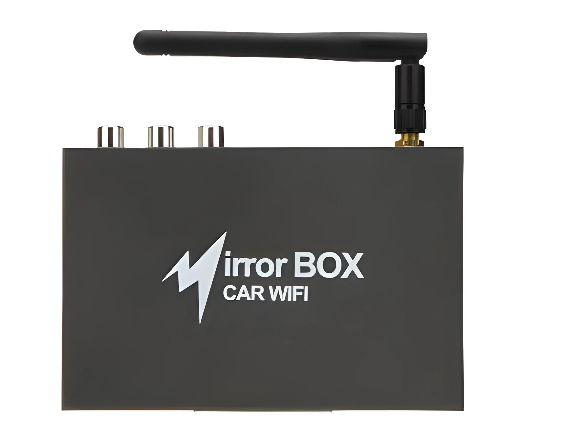 Black car Wi-Fi mirror link box converter unit with power cable, AV cable, antenna, and user manual