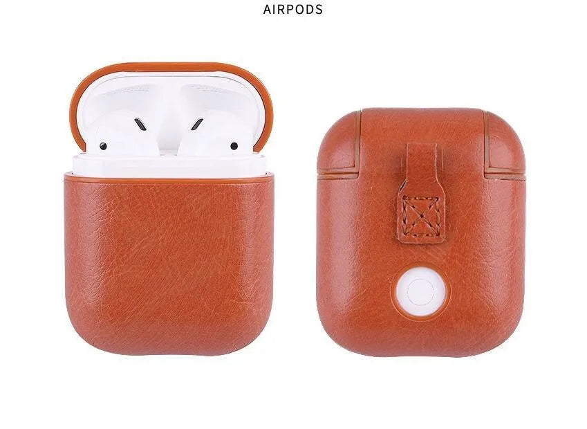 Genuine leather protective pouch for Apple Airpods charging case in black, brown, light brown, and red colours.