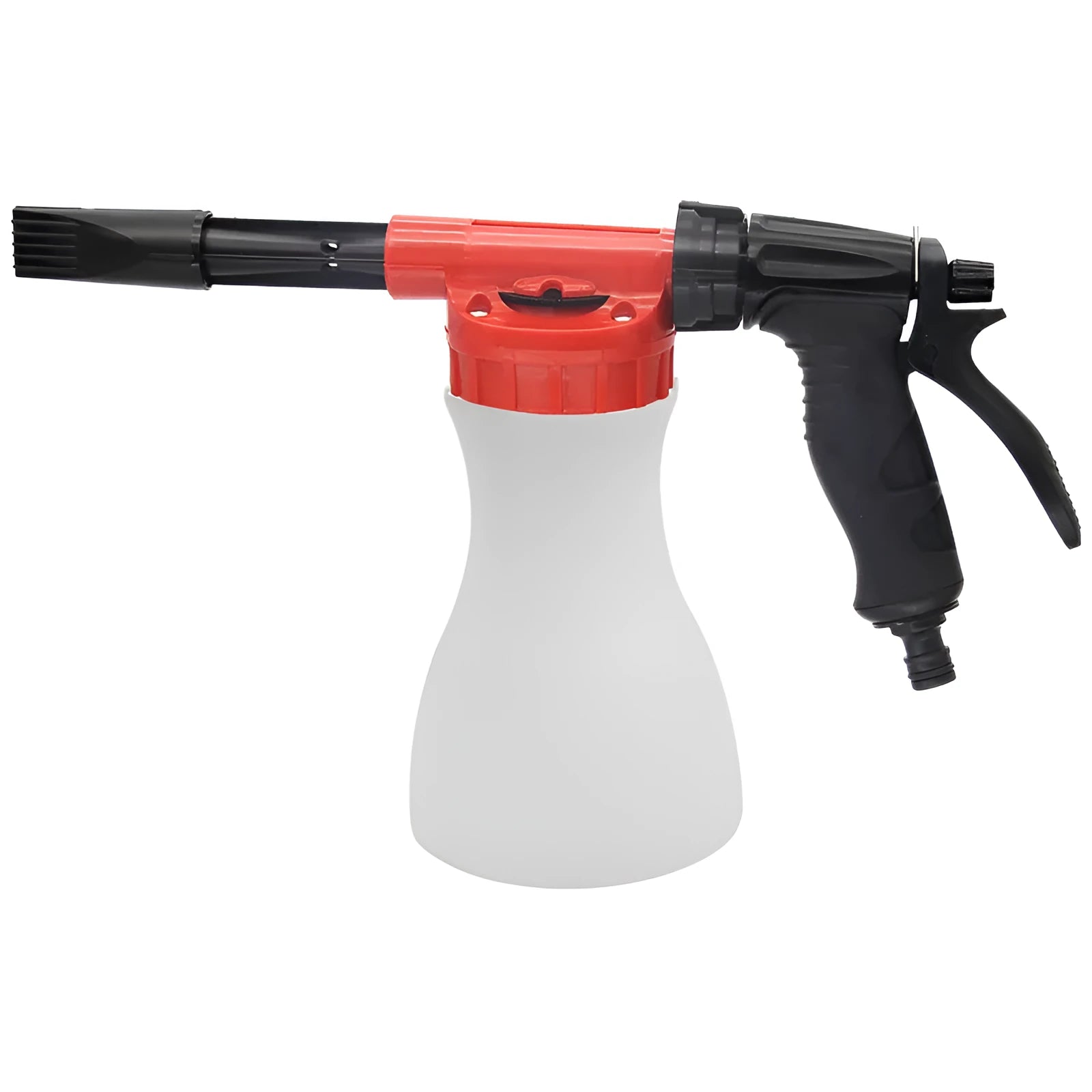 Green foam pot high pressure water gun for garden spraying on a wooden table.