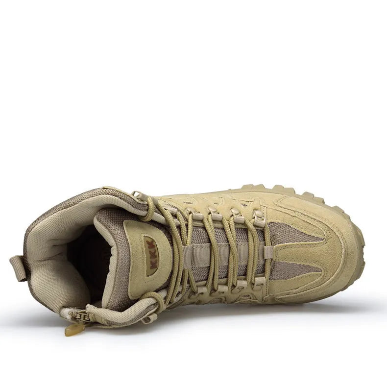 Men's black tactical boots with velvet and leather upper and rubber sole for outdoor sports
