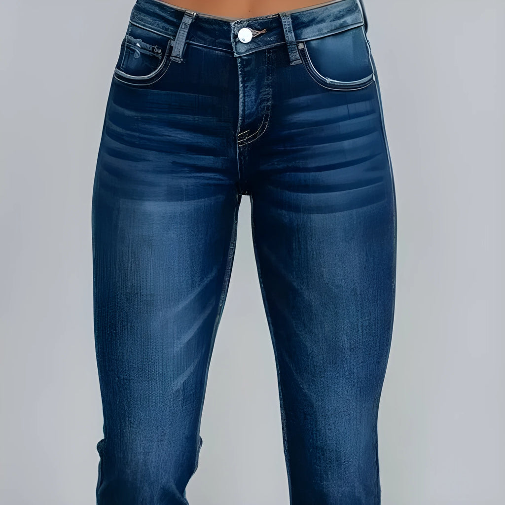 Women's straight leg denim jeans in dark blue and light blue, showcasing hand-worn craft details on cotton fabric.