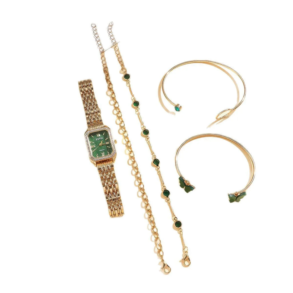 Women's gold green square watch with four matching bracelets in gift set packaging