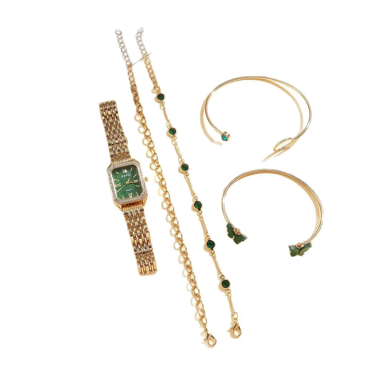 Women's gold green square watch with four matching bracelets in gift set packaging
