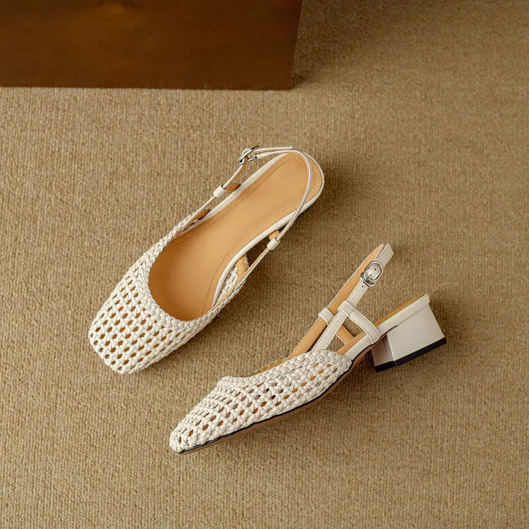 Women's black woven closed toe sandals with a square toe, buckle strap, and chunky 4cm heel.