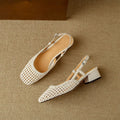 Women's black woven closed toe sandals with a square toe, buckle strap, and chunky 4cm heel.