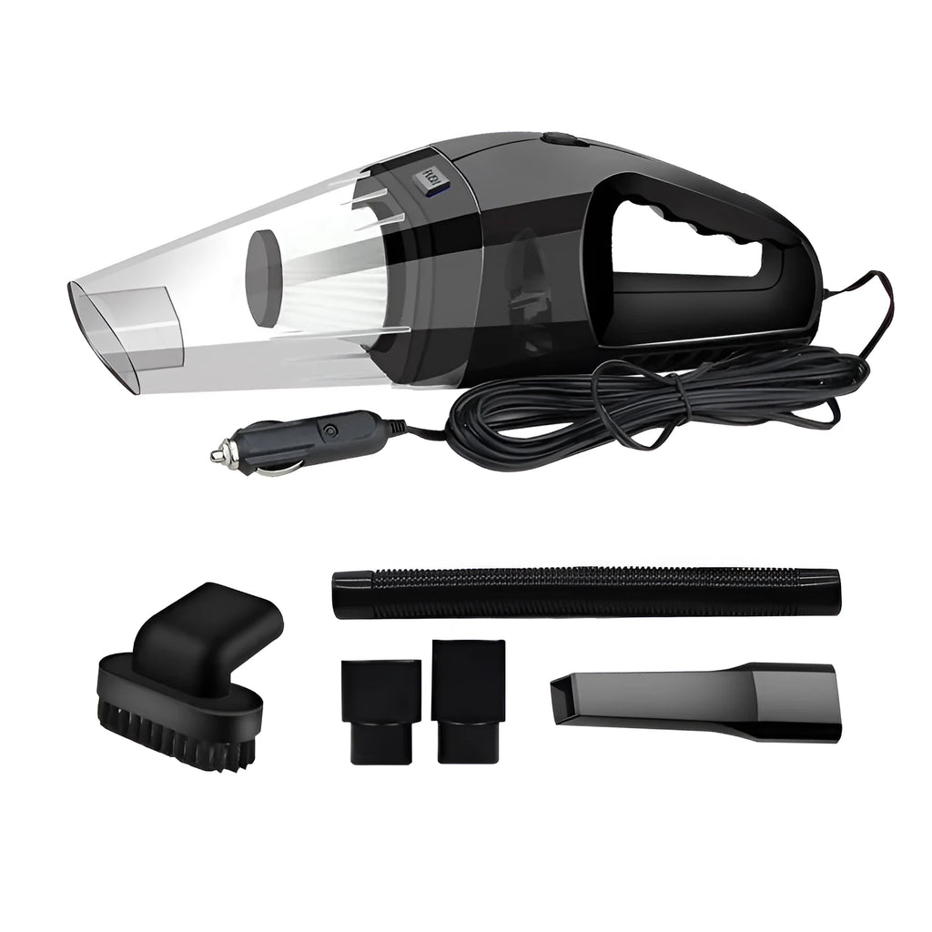 Portable 12V car vacuum cleaner in orange colour with nozzle attachments for automotive interior cleaning