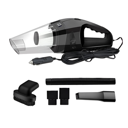 Portable 12V car vacuum cleaner in orange colour with nozzle attachments for automotive interior cleaning