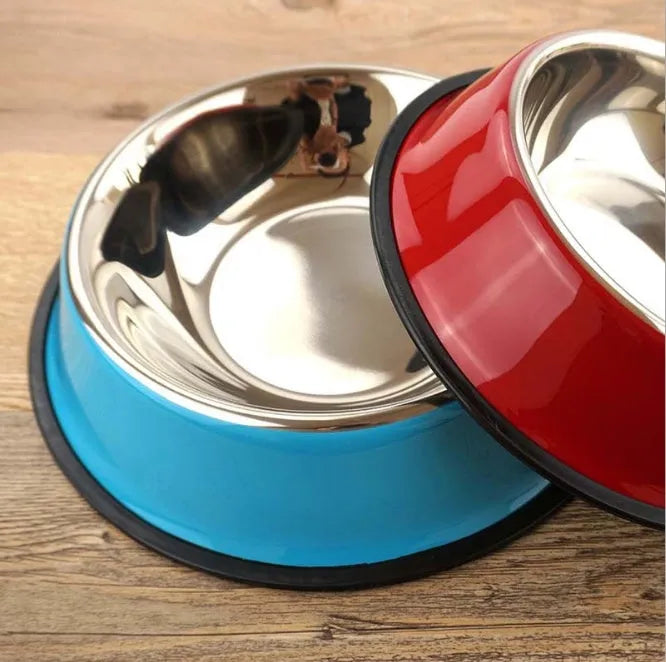 Stainless steel pet bowl with colourful melamine exterior and non-slip rubber base in multiple size options
