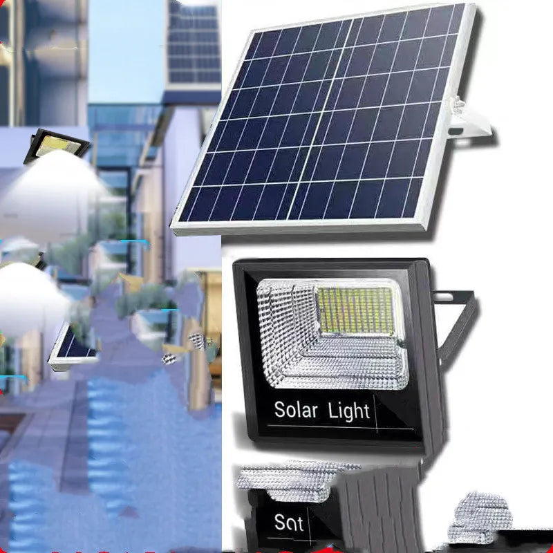 Black solar garden LED flood light with remote control showing multiple wattage options