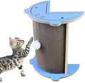 Grey cat corner scratcher with hanging ball mounted in a room corner.