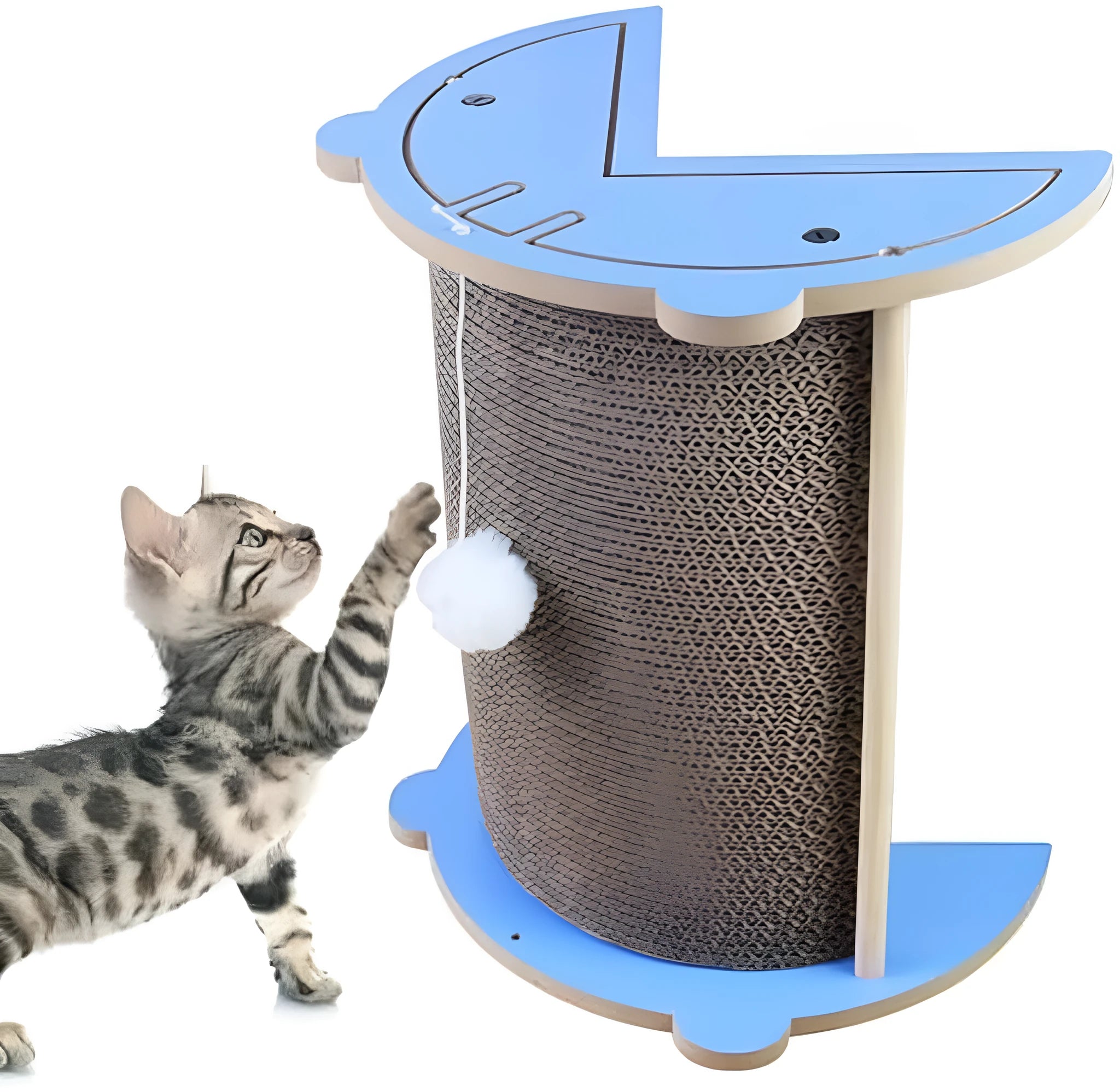 Grey cat corner scratcher with hanging ball mounted in a room corner.