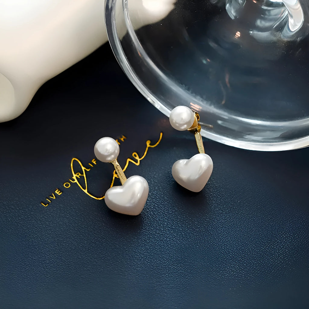 Heart-shaped pearl stud earrings with electroplated alloy construction and Korean-style design