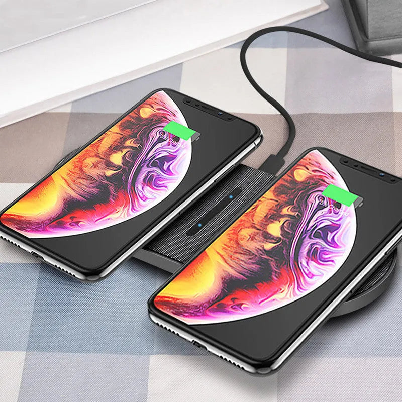 Black wireless charging pad duo for two devices with 10W fast charging capability