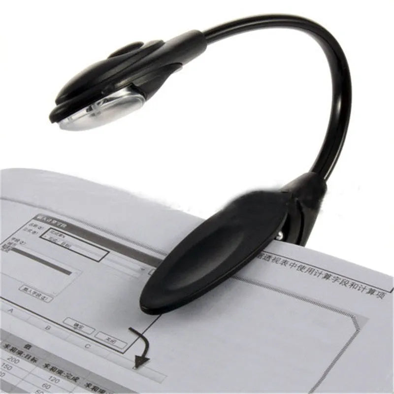 Black clip-on LED book light with gooseneck arm and small LED head, 26cm total length