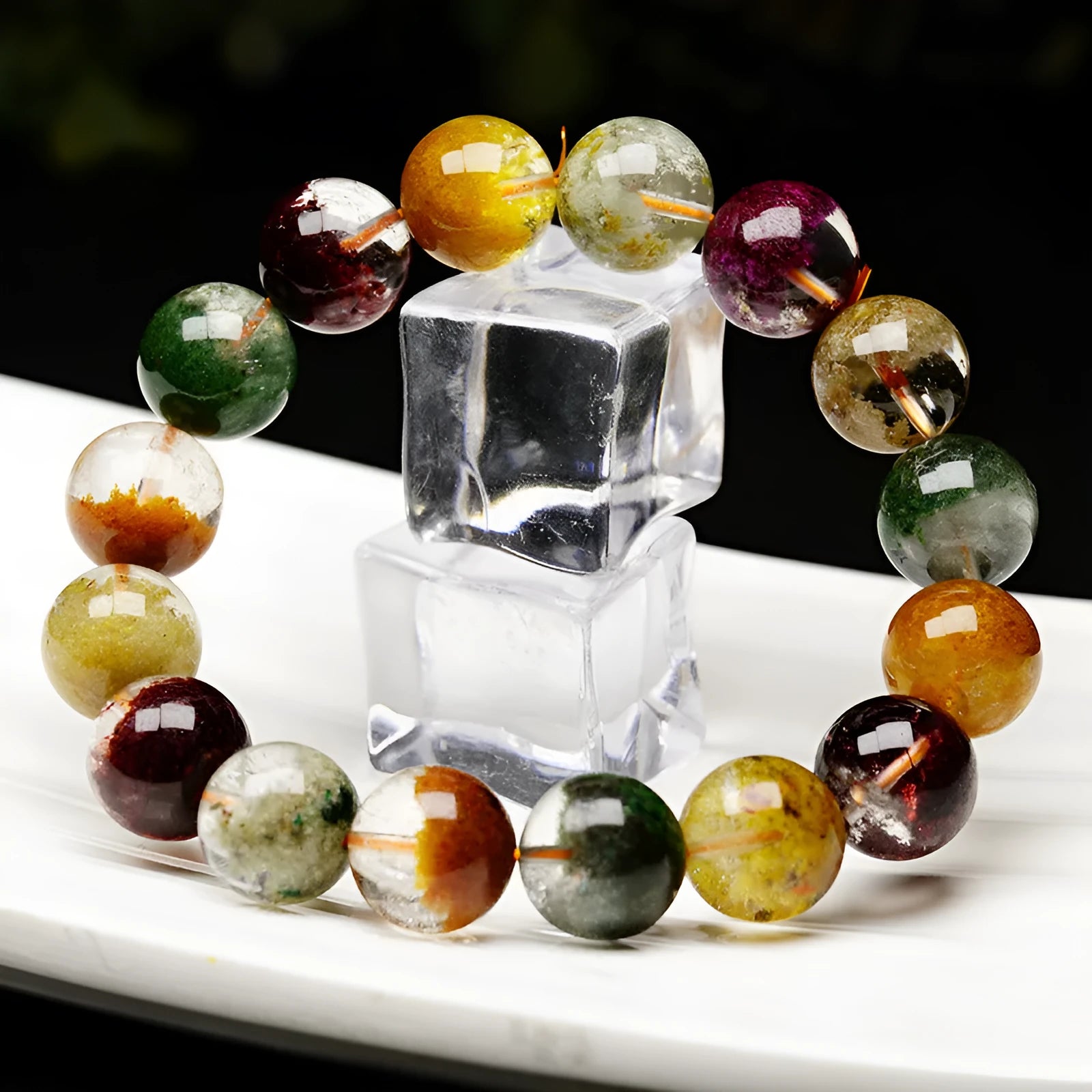 Natural colour crystal ghost cornucopia bracelet with 10mm beads and ethnic style design