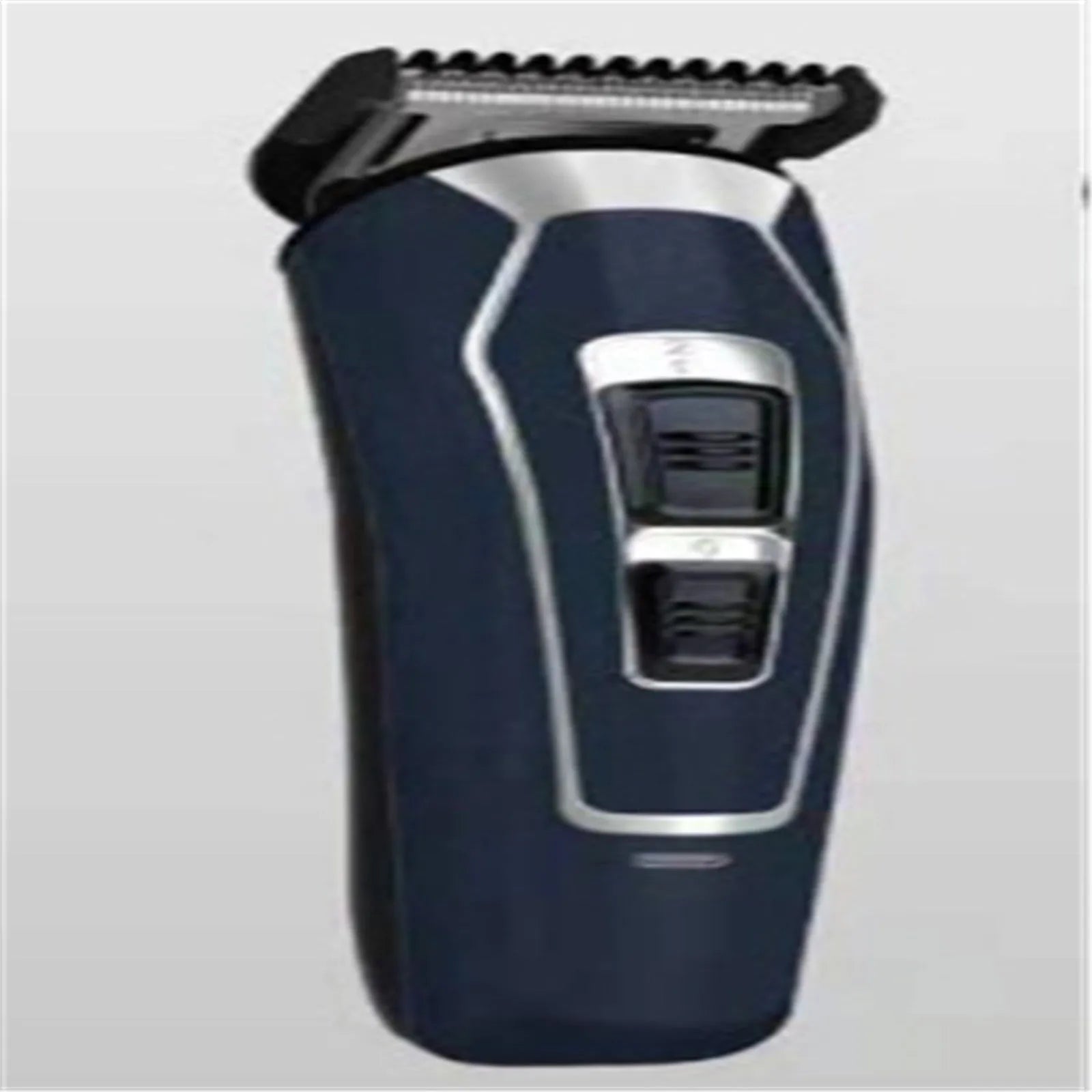 Dark blue cordless electric hair clipper with stainless steel blades on a white background.