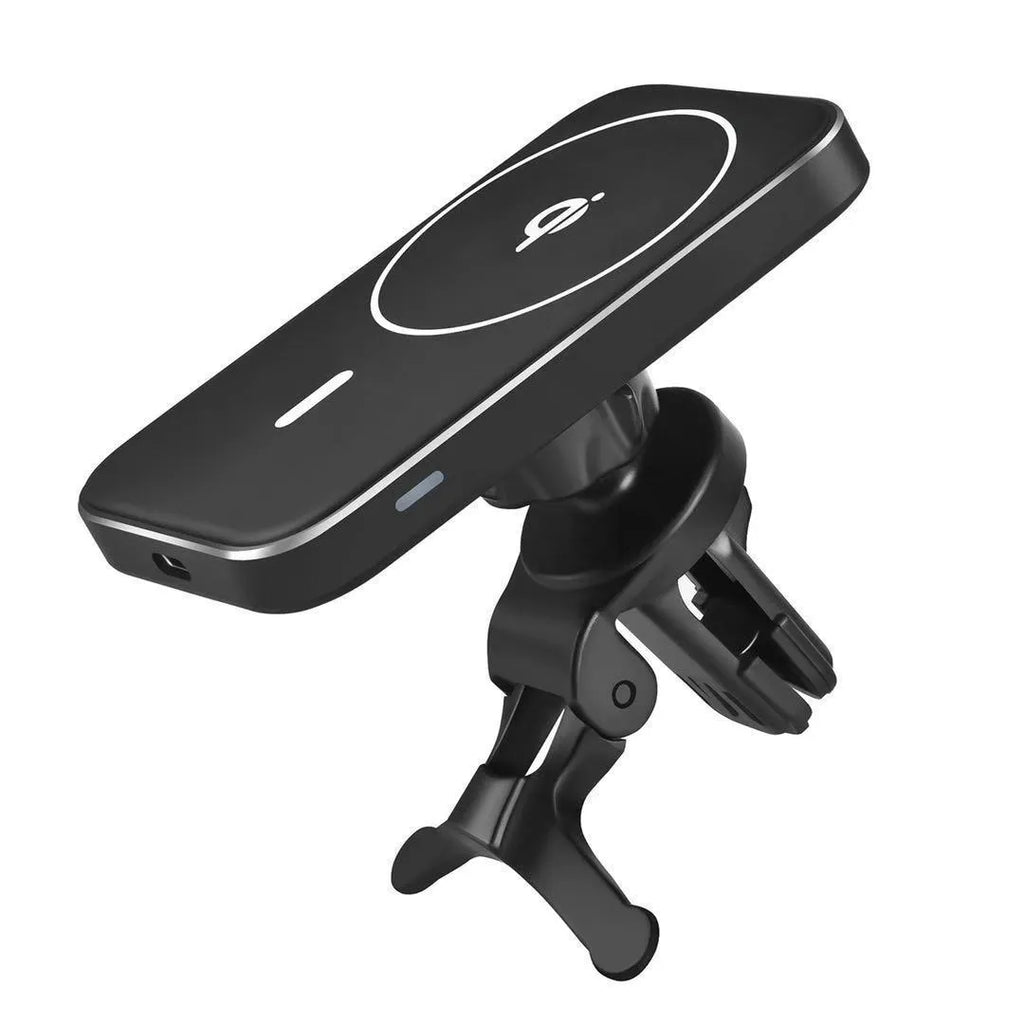 Black M6 magnetic wireless charging car phone bracket with USB cable.