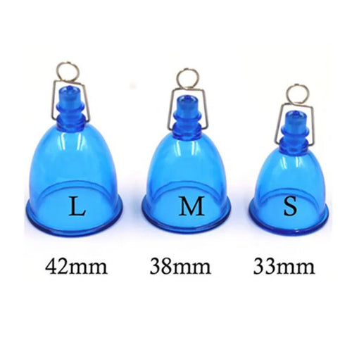 Blue silicone male masturbator cup in small, medium, and large size options.