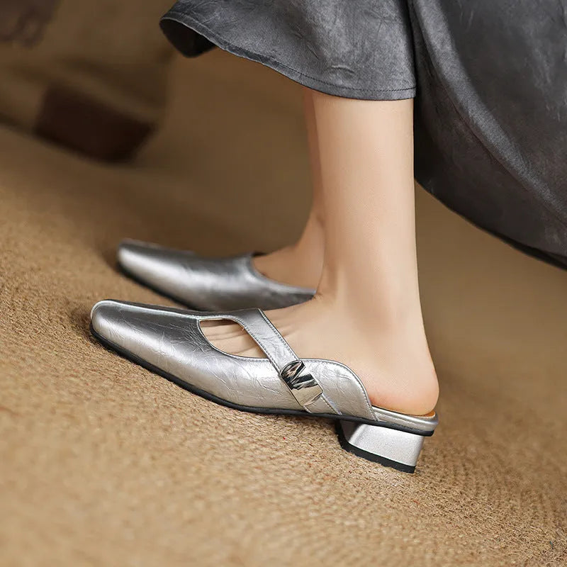 British style square head outdoor slippers in black with low heel and rubber sole