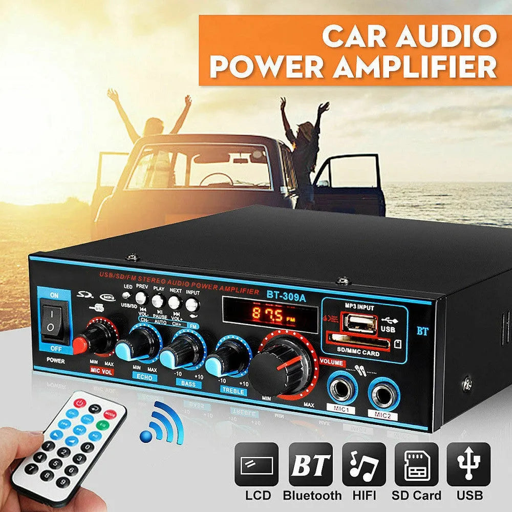 BT-309A-A black iron case power amplifier with remote control for home and car use