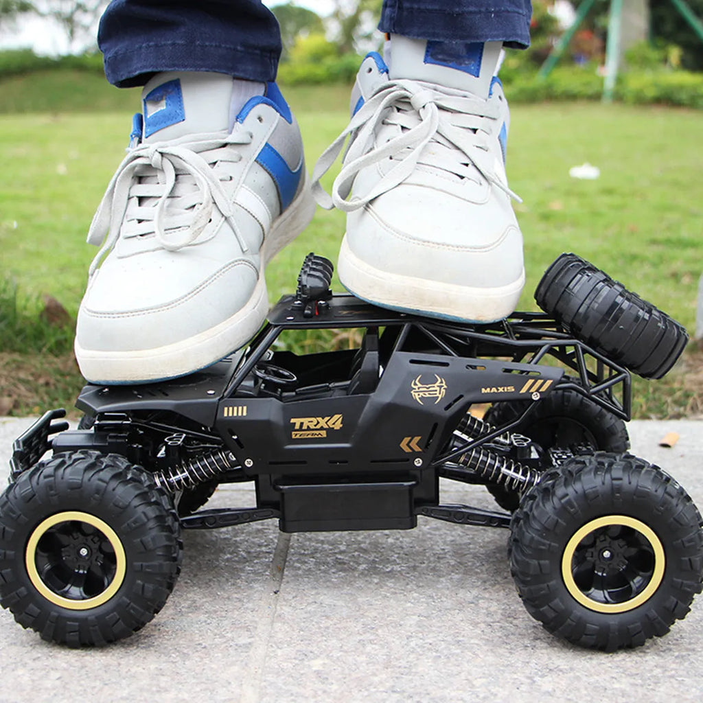 Black and silver 4WD remote control off-road climbing cars on rough terrain showing two size options.