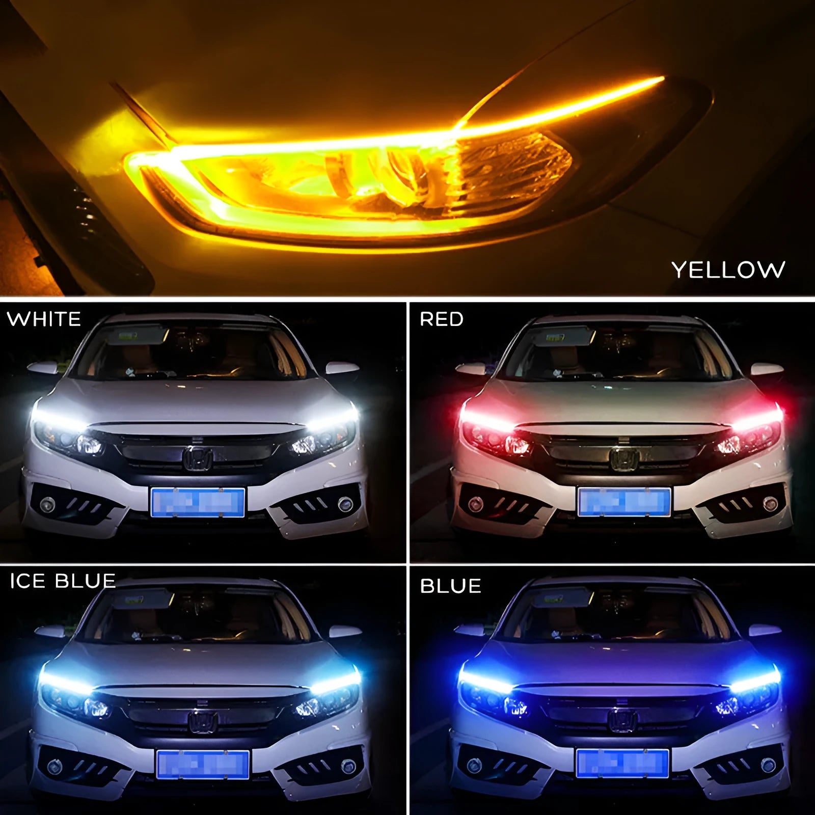 Flexible silicone LED car light strip with daytime running lights and flowing turn signal function