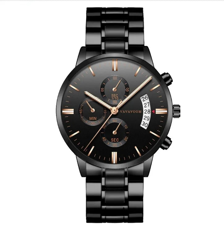 Men's stainless steel watch with 43mm dial, calendar display, and butterfly clasp in silver chain option