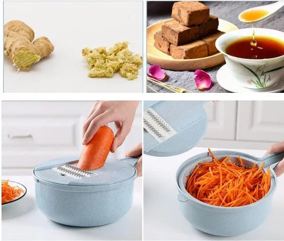 8-in-1 mandoline vegetable slicer with stainless blades, hand guard, and container in blue