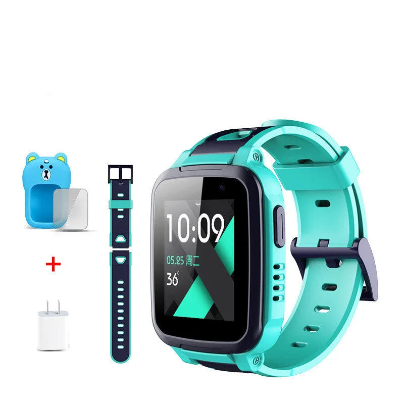 SE5 blue children's smart watch with stainless steel band on a wrist