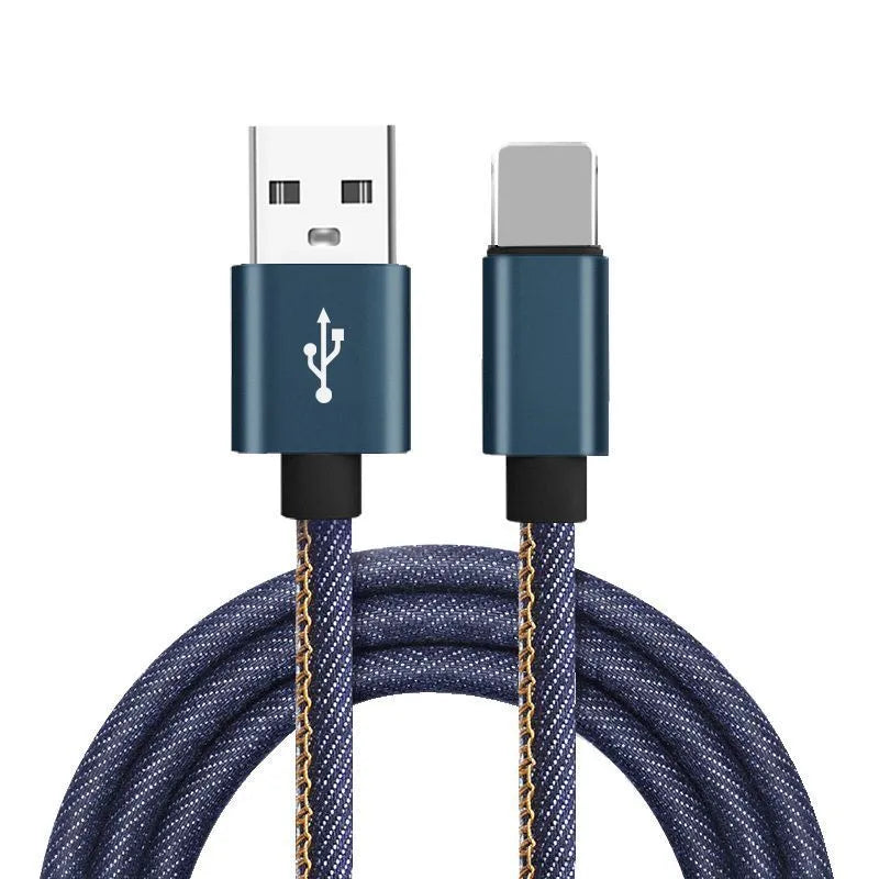 USB Type-C charging cable with blue denim fabric sleeve and aluminium connector.