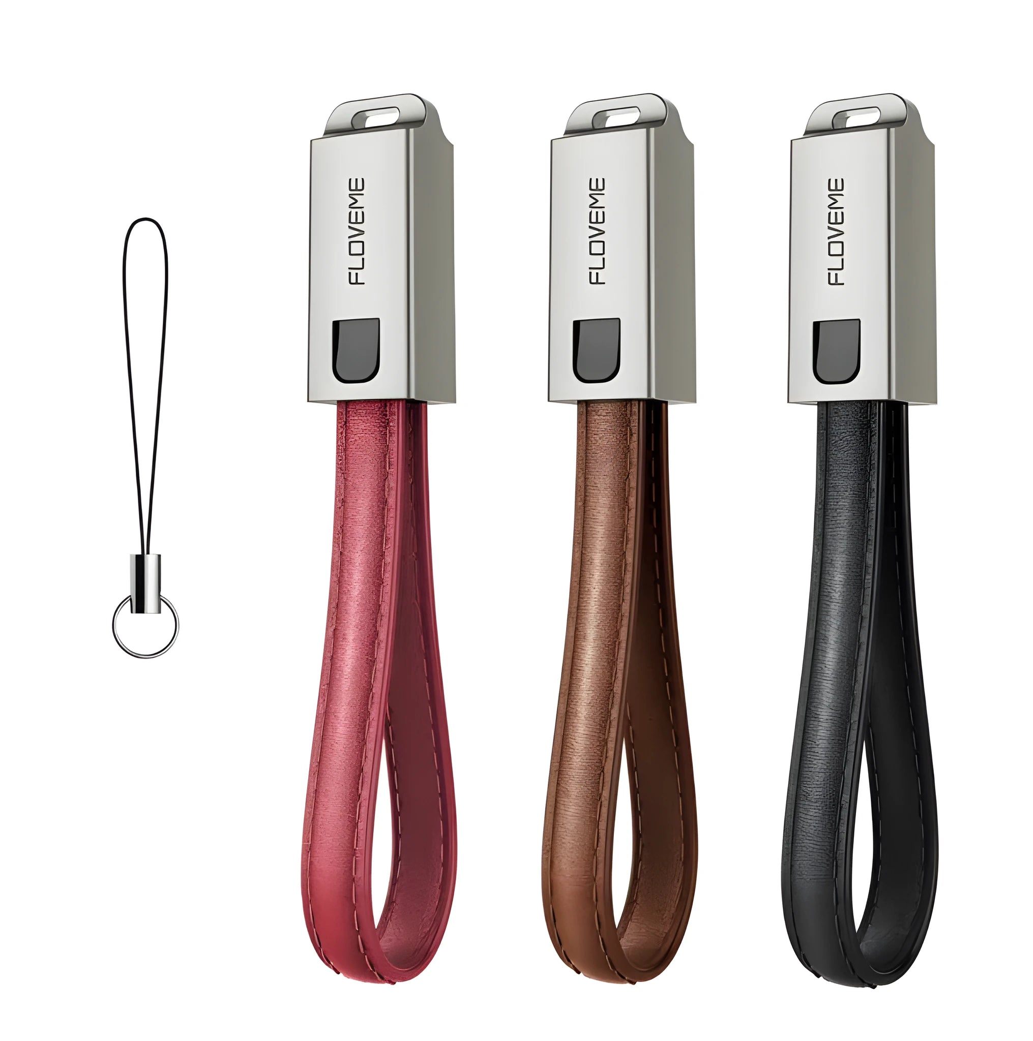 Leather and zinc alloy Lightning charging cable in red colour showing 20cm length with Lightning connector