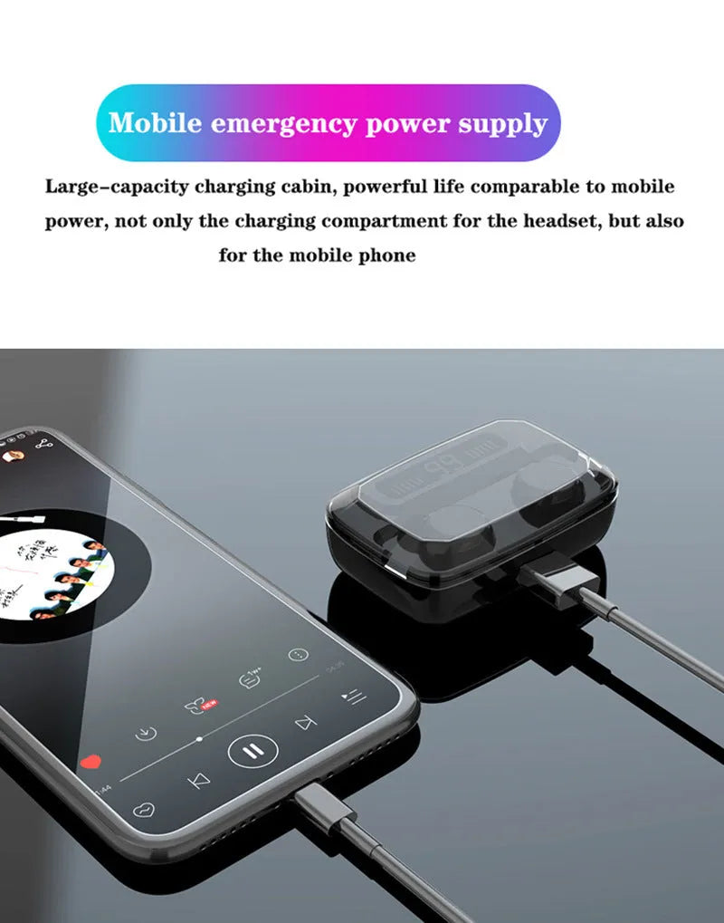 Black M11 Bluetooth wireless headset with digital display and charging case with mobile phone holder