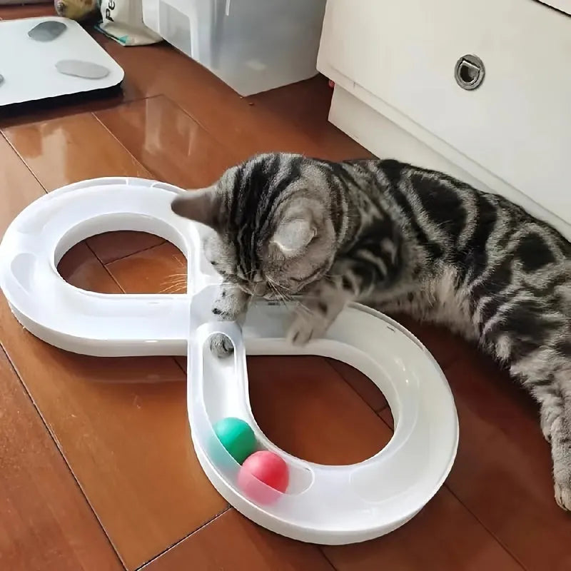 Blue and white cat turntable track toy with self-rotating ball and teasing stick