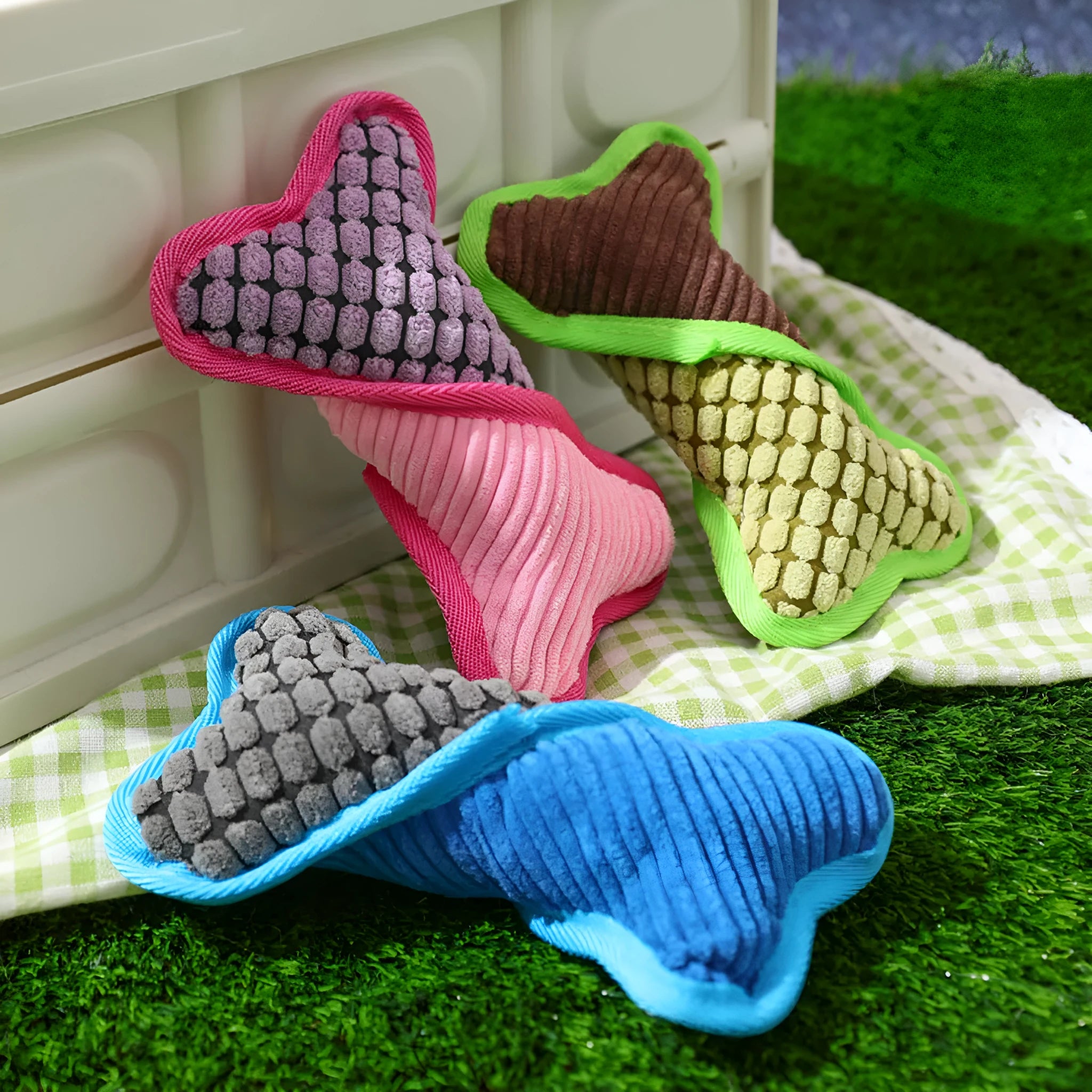 Blue teddy dog toy shaped like a bone with a corn fleece lining and integrated sound module