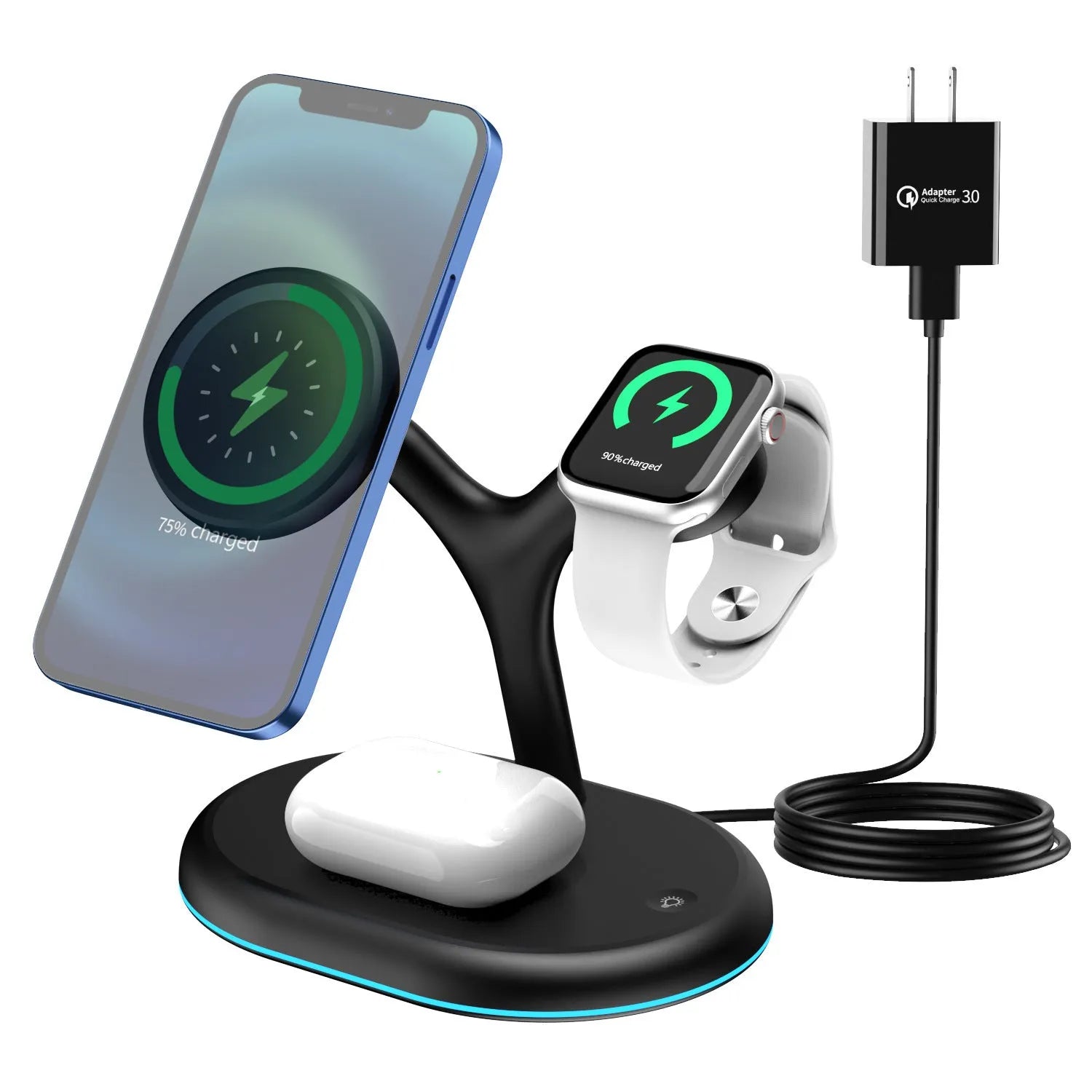 Black three-in-one magnetic wireless charger with ABS plastic construction on desk