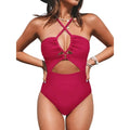 Women's black cross-back one-piece swimsuit with backless design