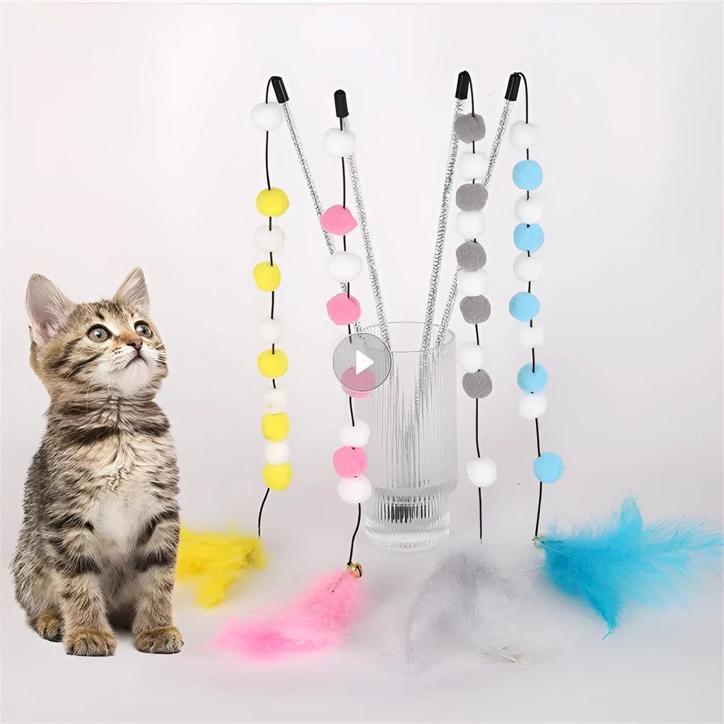 31cm long cat teaser rod with colourful feather pompon and bell attachments