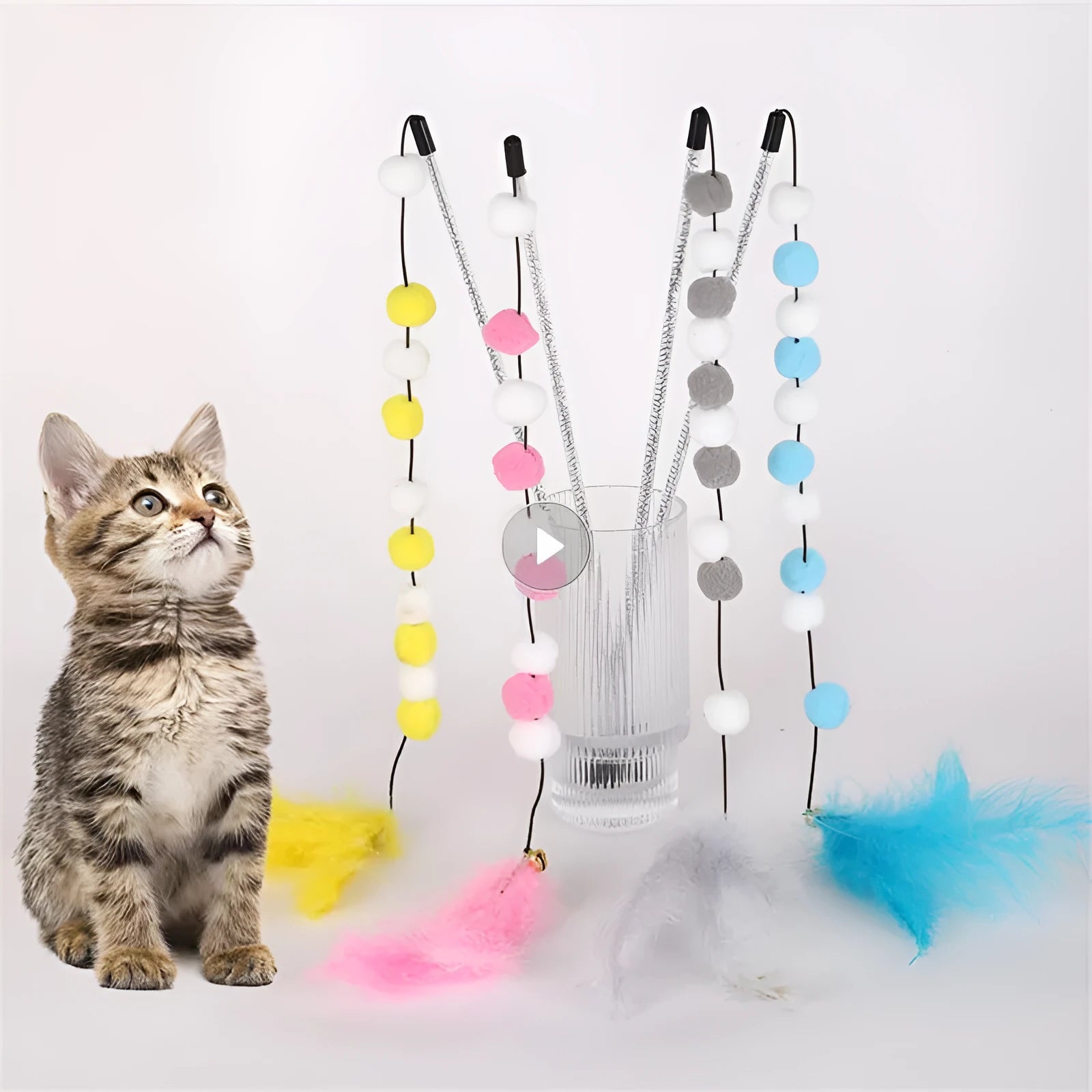 31cm long cat teaser rod with colourful feather pompon and bell attachments