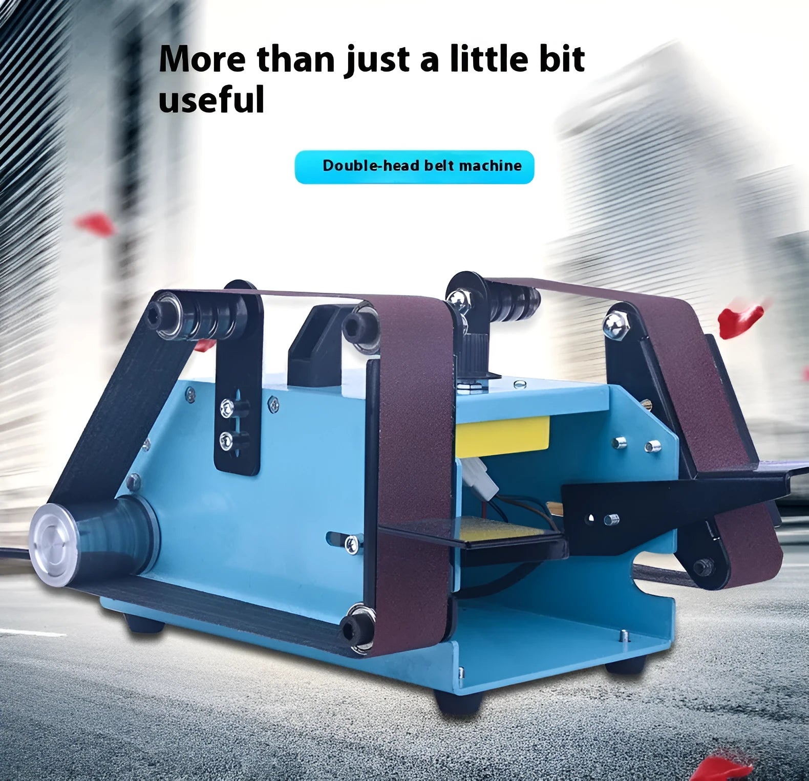 Blue desktop dual-axis belt sander with 750W power and 40 x 680 mm abrasive belt for workshop sharpening