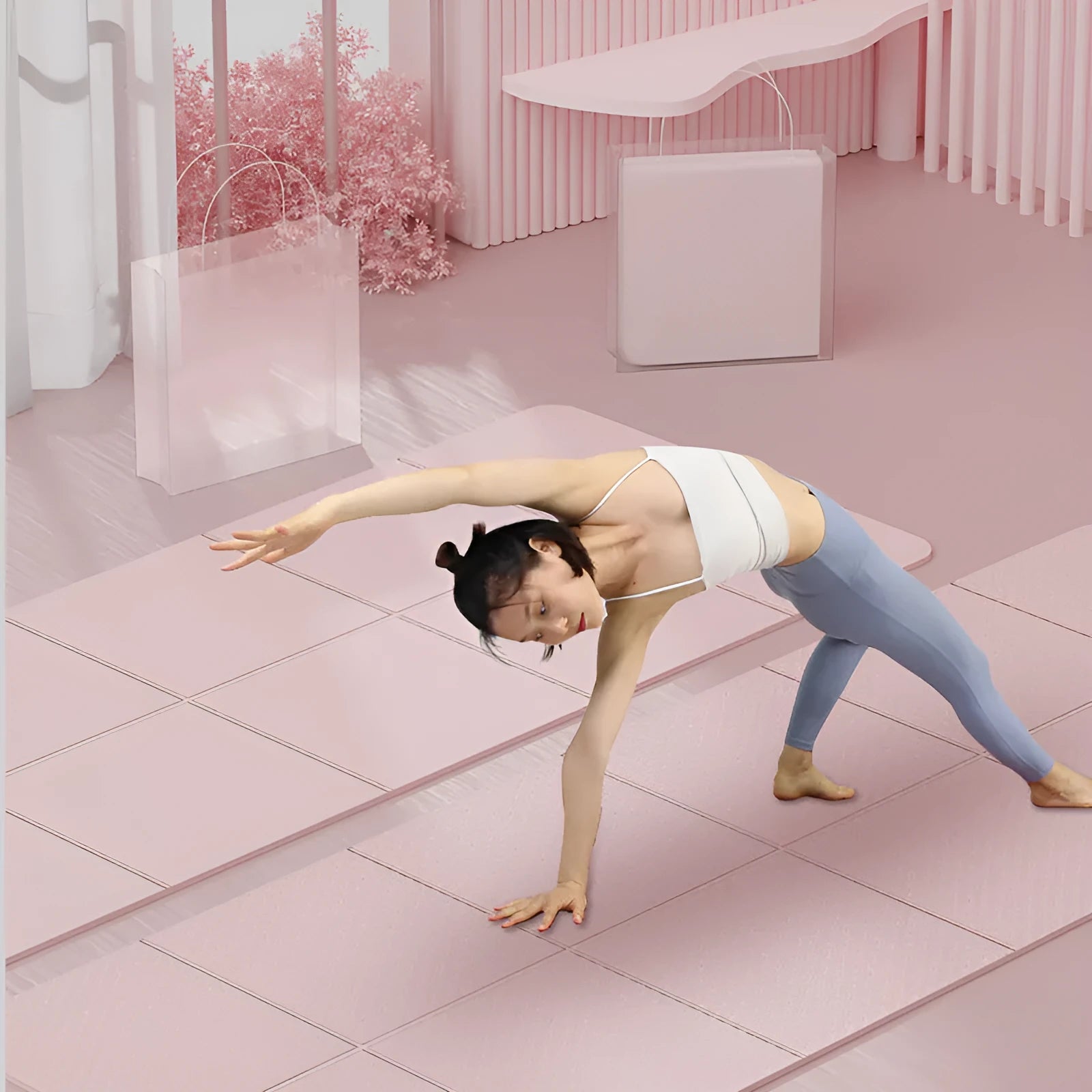 Blue folding portable TPE gymnastic mat unfolded on a wooden floor