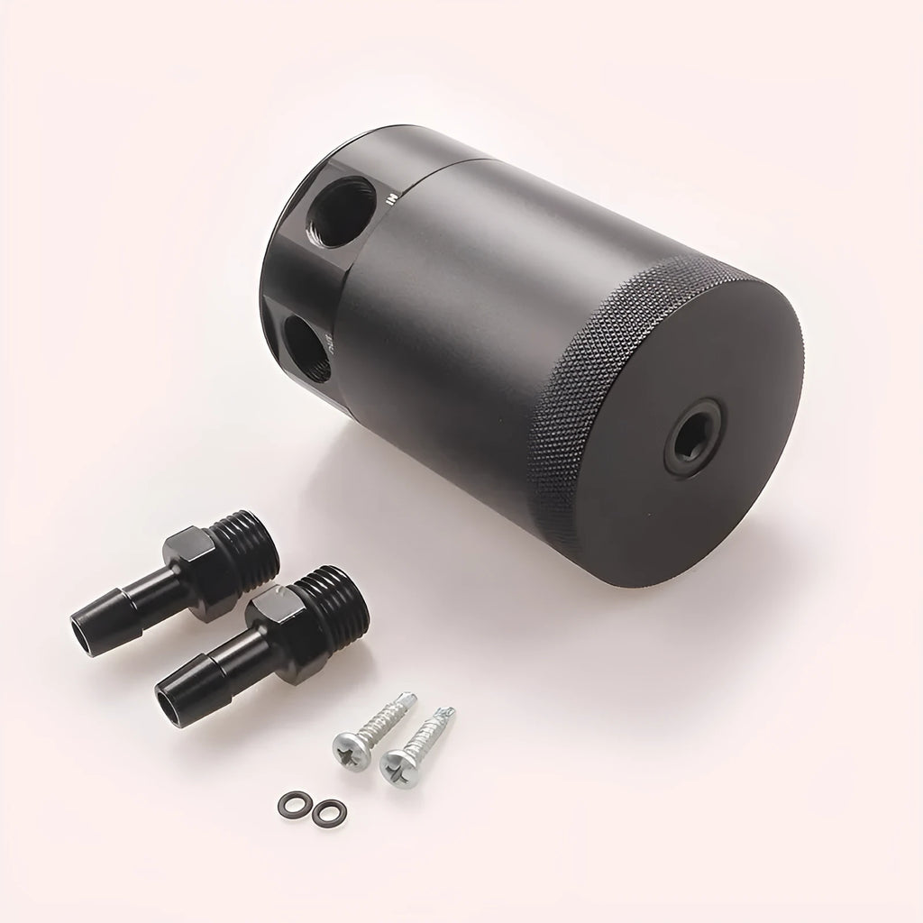 Black aluminium two hole automotive oil can with oil-free valve and connectors.