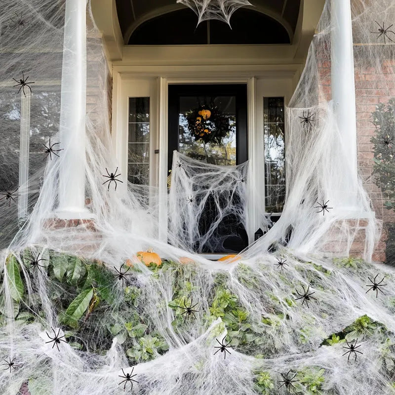 Halloween decoration bundle showing white cotton spiders in various pack sizes for haunted house props