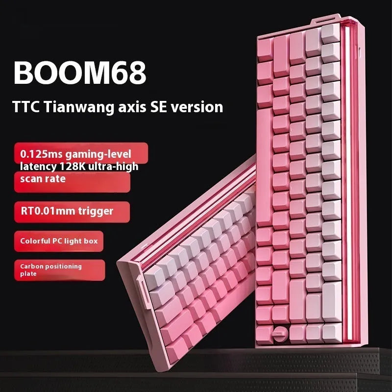 BOOM68 mechanical keyboard with RGB backlighting in Green Magic Blade colour on a desk